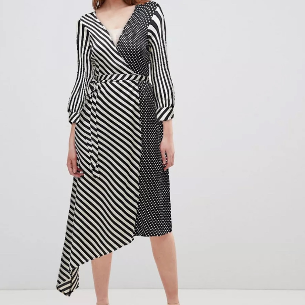 Off - White and Black Patchwork Stripe And Spot Print Wrap Dress | Size Large